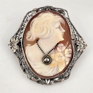 Antique Art Deco Sterling Silver Cameo Shell Brooch Pin Floral Marcasite